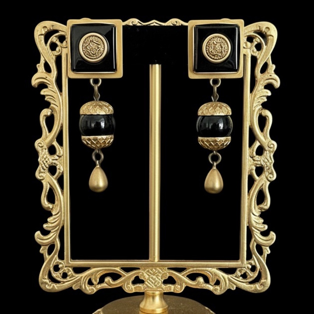 Vintage Natasha Stambouli Gold Plated Clip Dangle Earrings With Black Onyx
